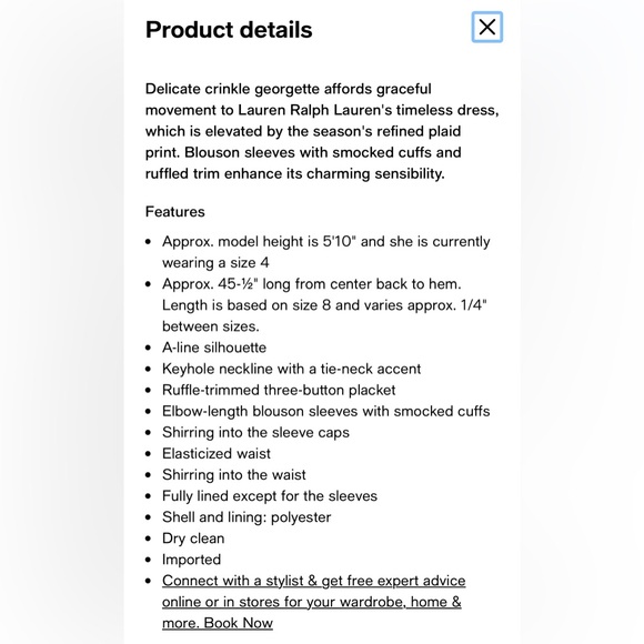 Ralph Lauren Plaid Crinkle Georgette Dress. Size 2 - Picture 9 of 9